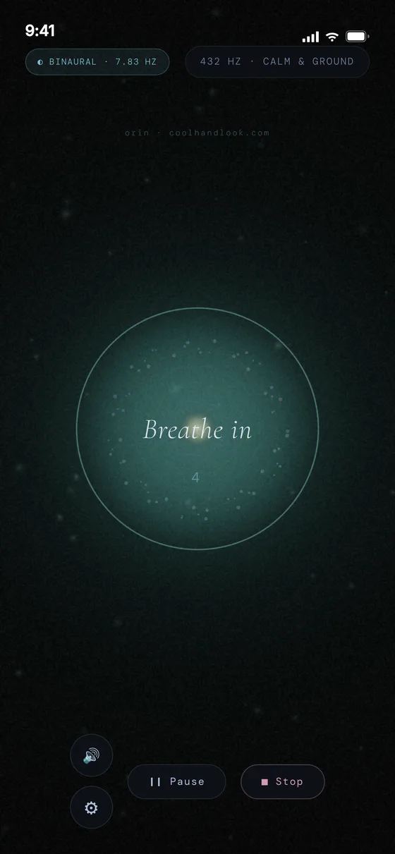 The Orin session screen: a sea-green light on black with the words Breathe in