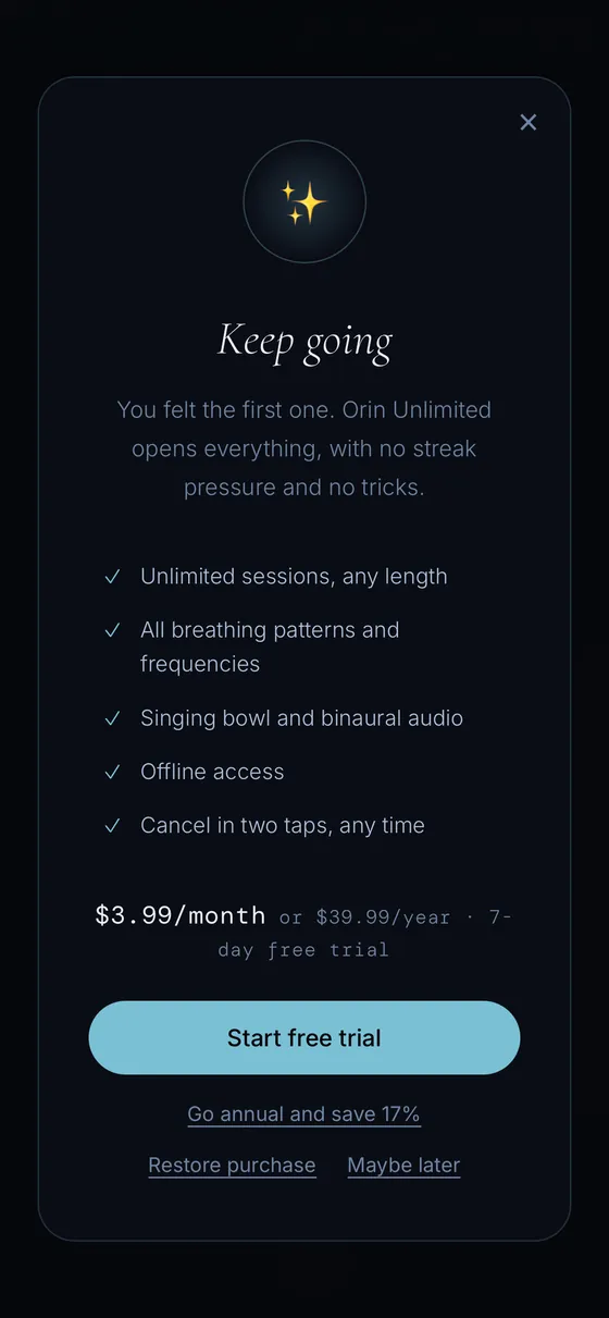 Orin Unlimited screen listing what the subscription includes